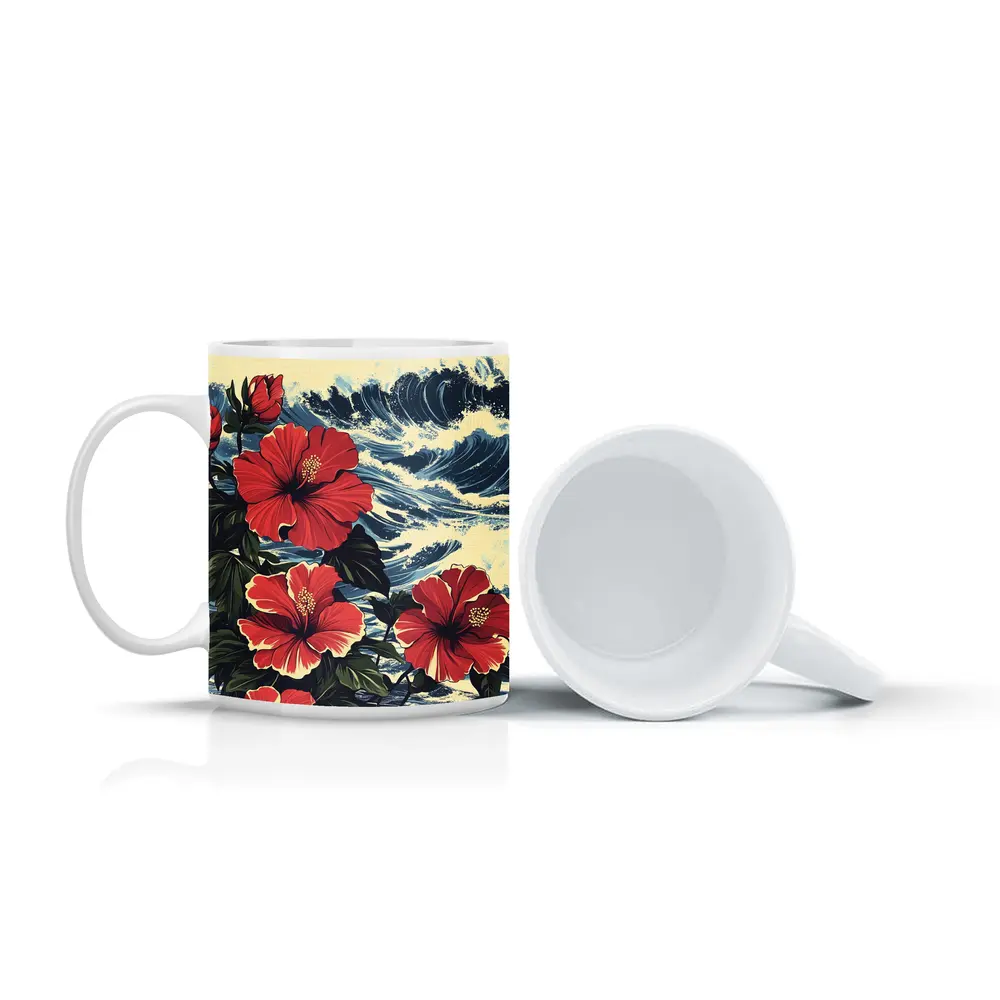 Red Hibiscus Flowers Ocean Waves Japanese Style – Mugs