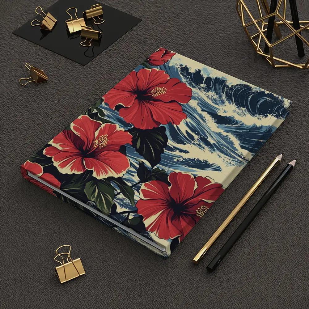 Red Hibiscus Flowers Ocean Waves Japanese Style – Notebooks