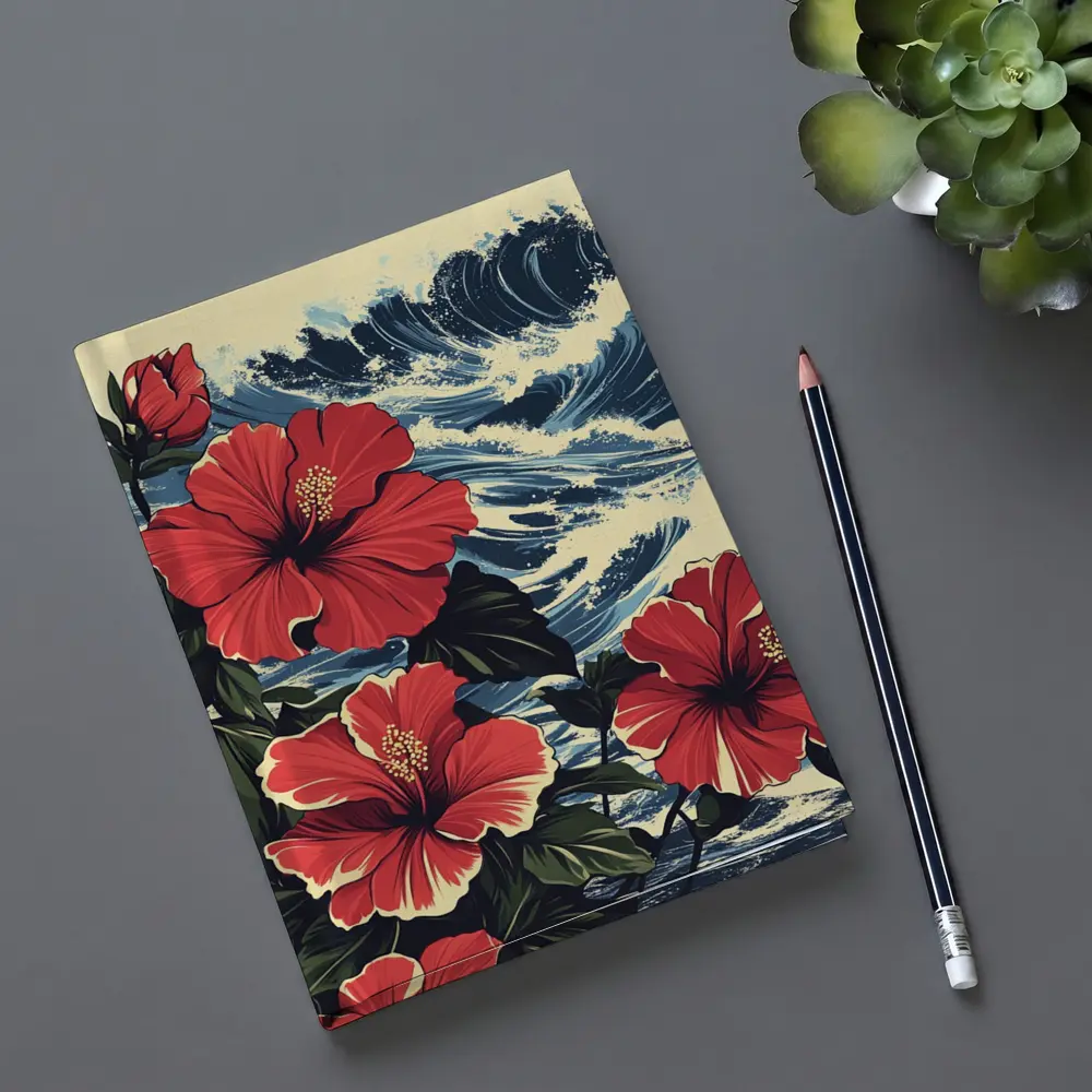 Red Hibiscus Flowers Ocean Waves Japanese Style – Notebooks