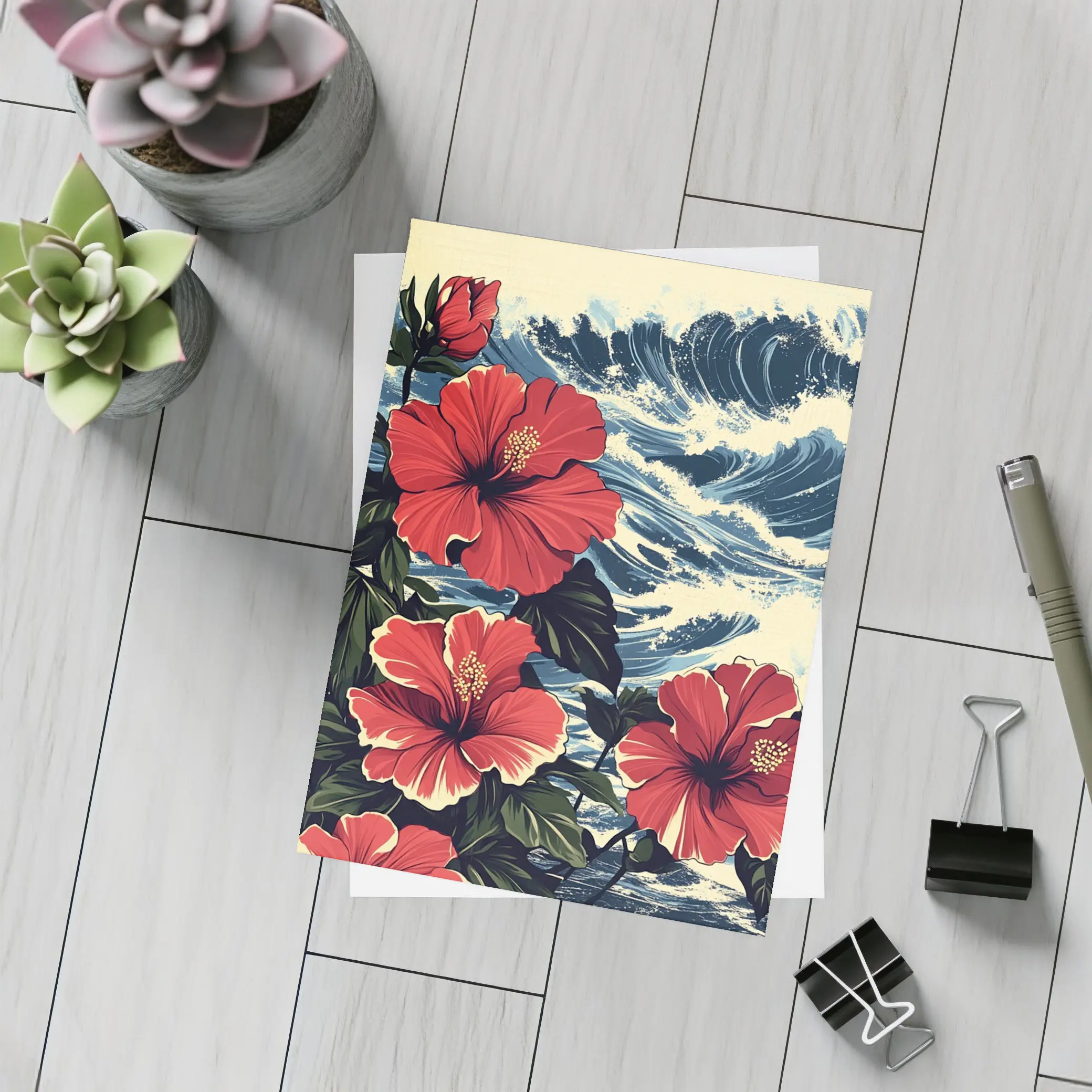 Red Hibiscus Flowers Ocean Waves Japanese Style – Postcards