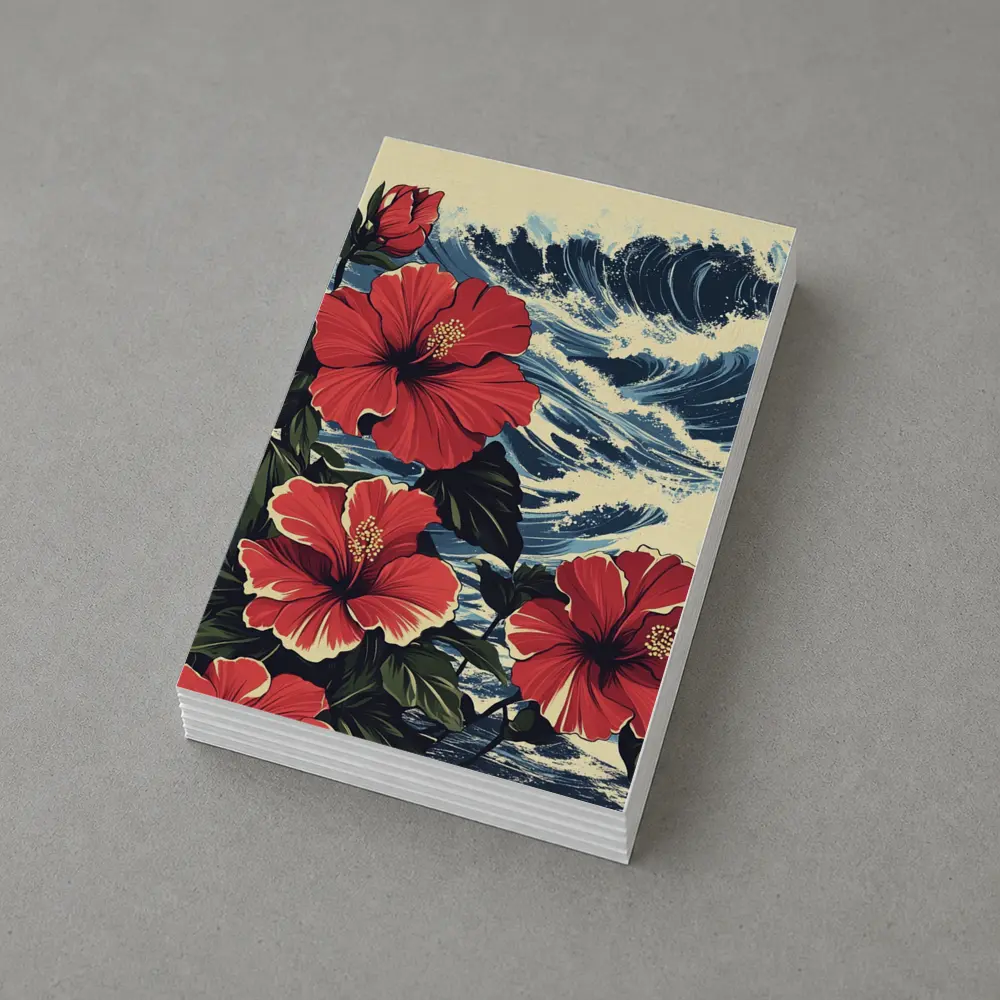Red Hibiscus Flowers Ocean Waves Japanese Style – Postcards