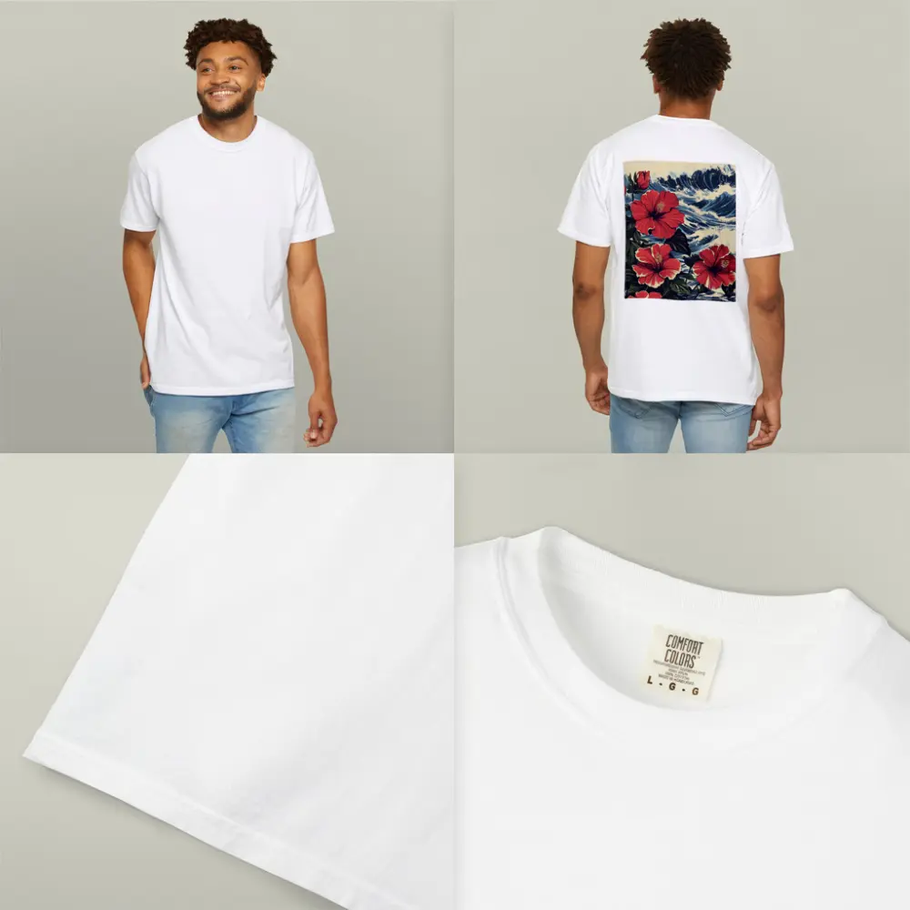 Red Hibiscus Flowers Ocean Waves Japanese Style – T-Shirts