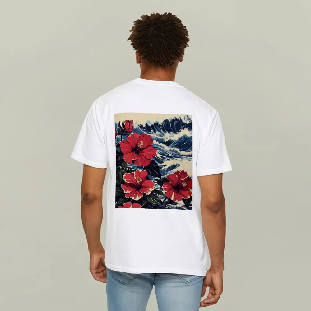 Red Hibiscus Flowers Ocean Waves Japanese Style – T-Shirts