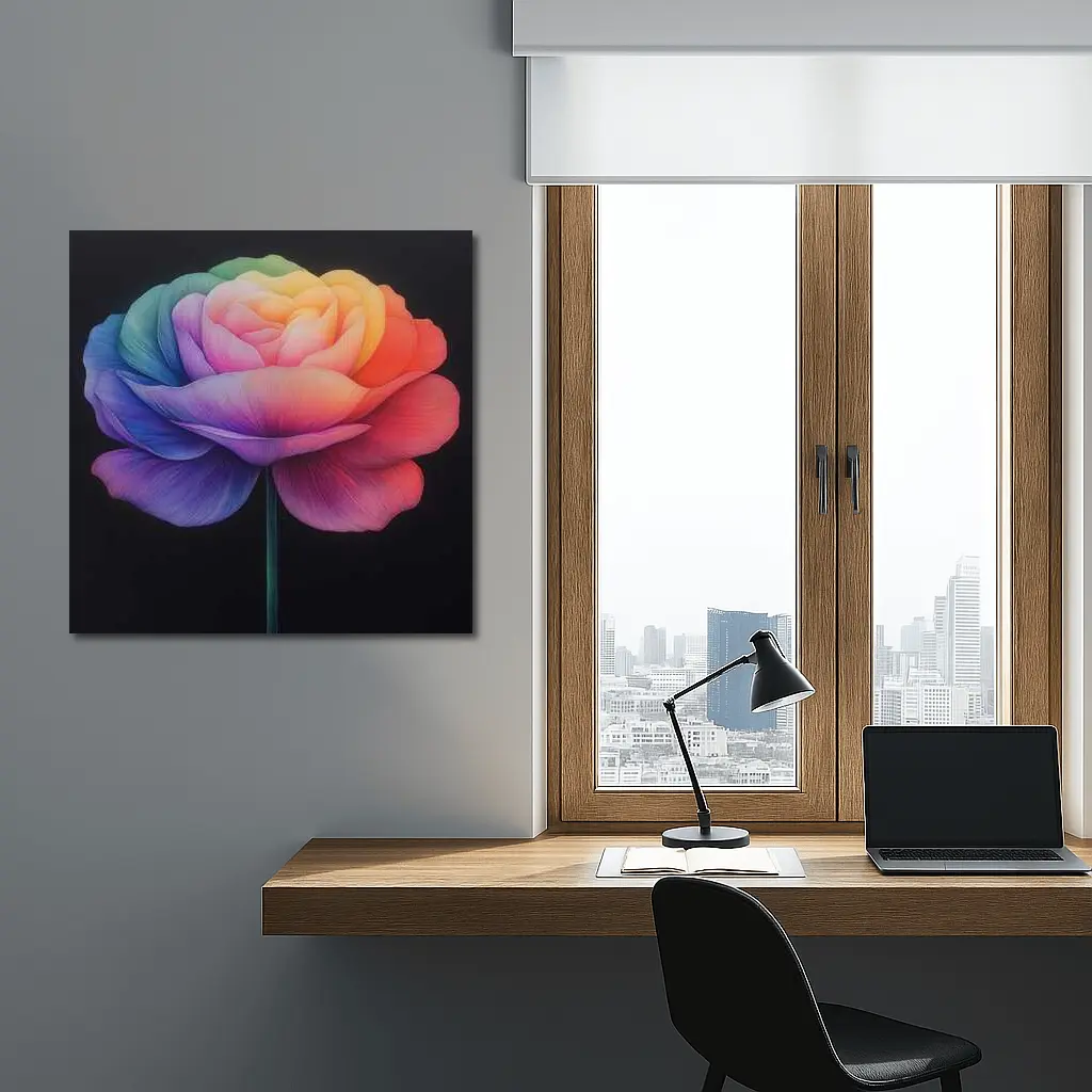 Rainbow Rose Flower Dark Black Background – Wall Art