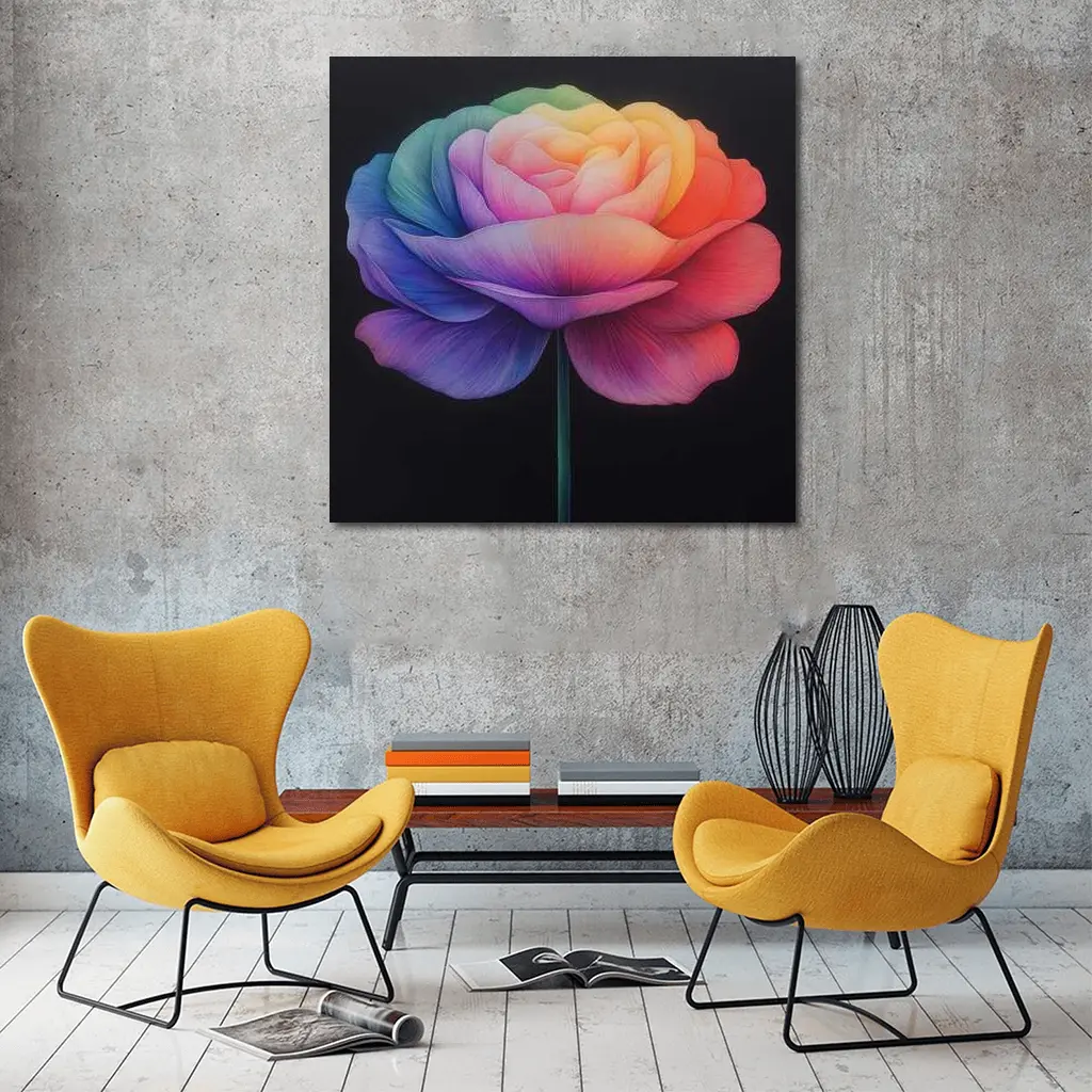 Rainbow Rose Flower Dark Black Background – Wall Art