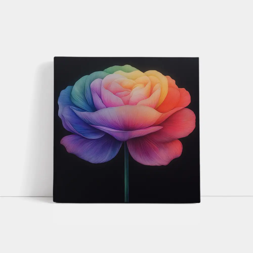 Rainbow Rose Flower Dark Black Background – Wall Art
