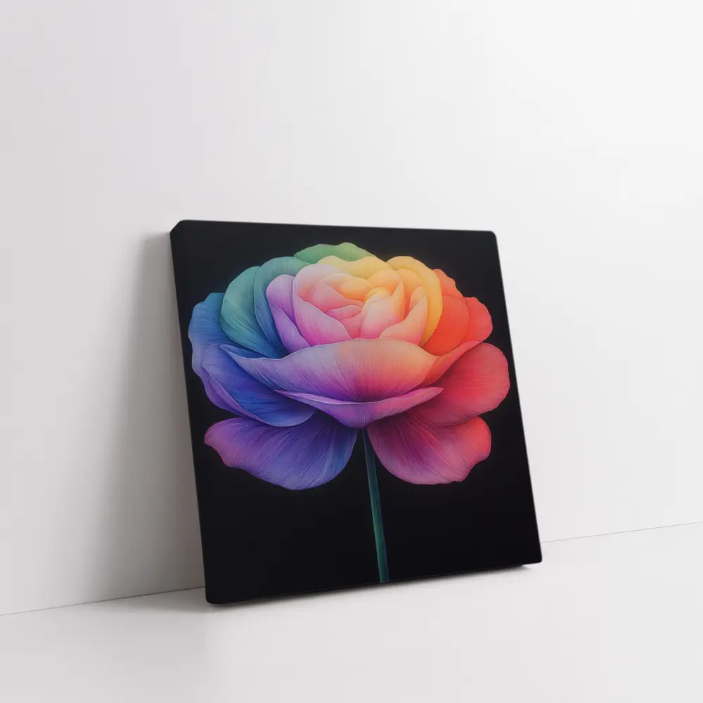 Rainbow Rose Flower Dark Black Background – Wall Art