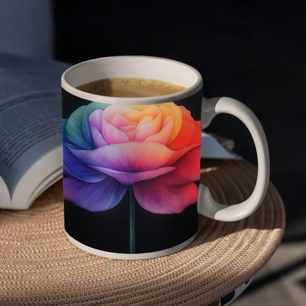 Rainbow Rose Flower Dark Black Background – Mugs