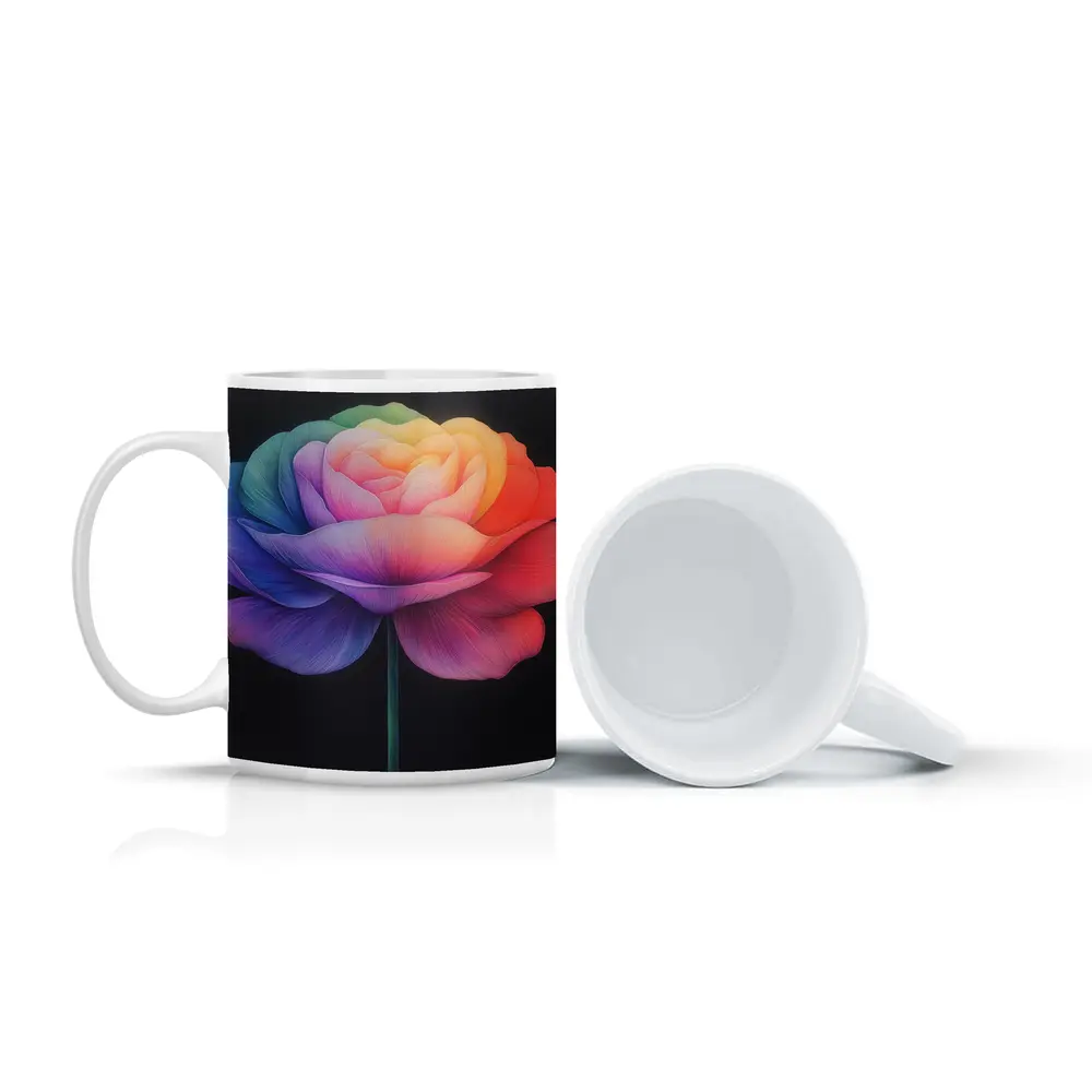 Rainbow Rose Flower Dark Black Background – Mugs