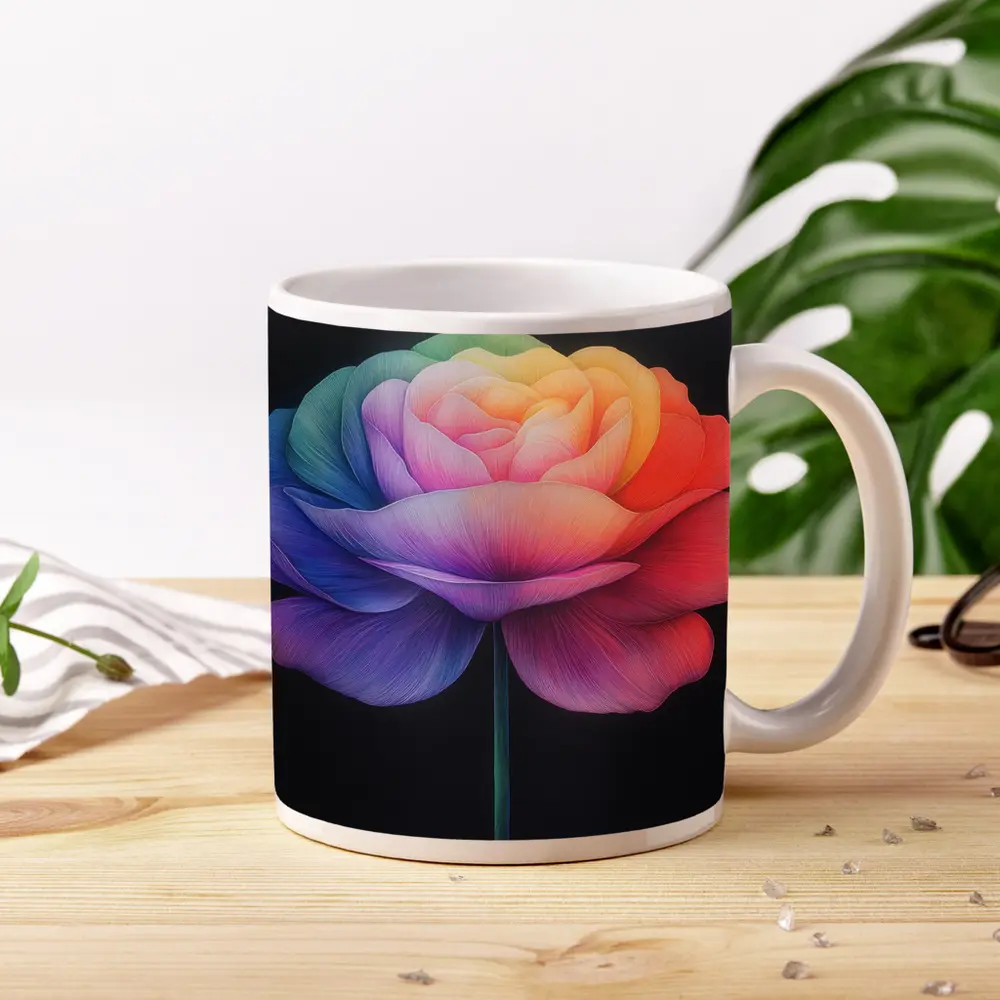 Rainbow Rose Flower Dark Black Background – Mugs