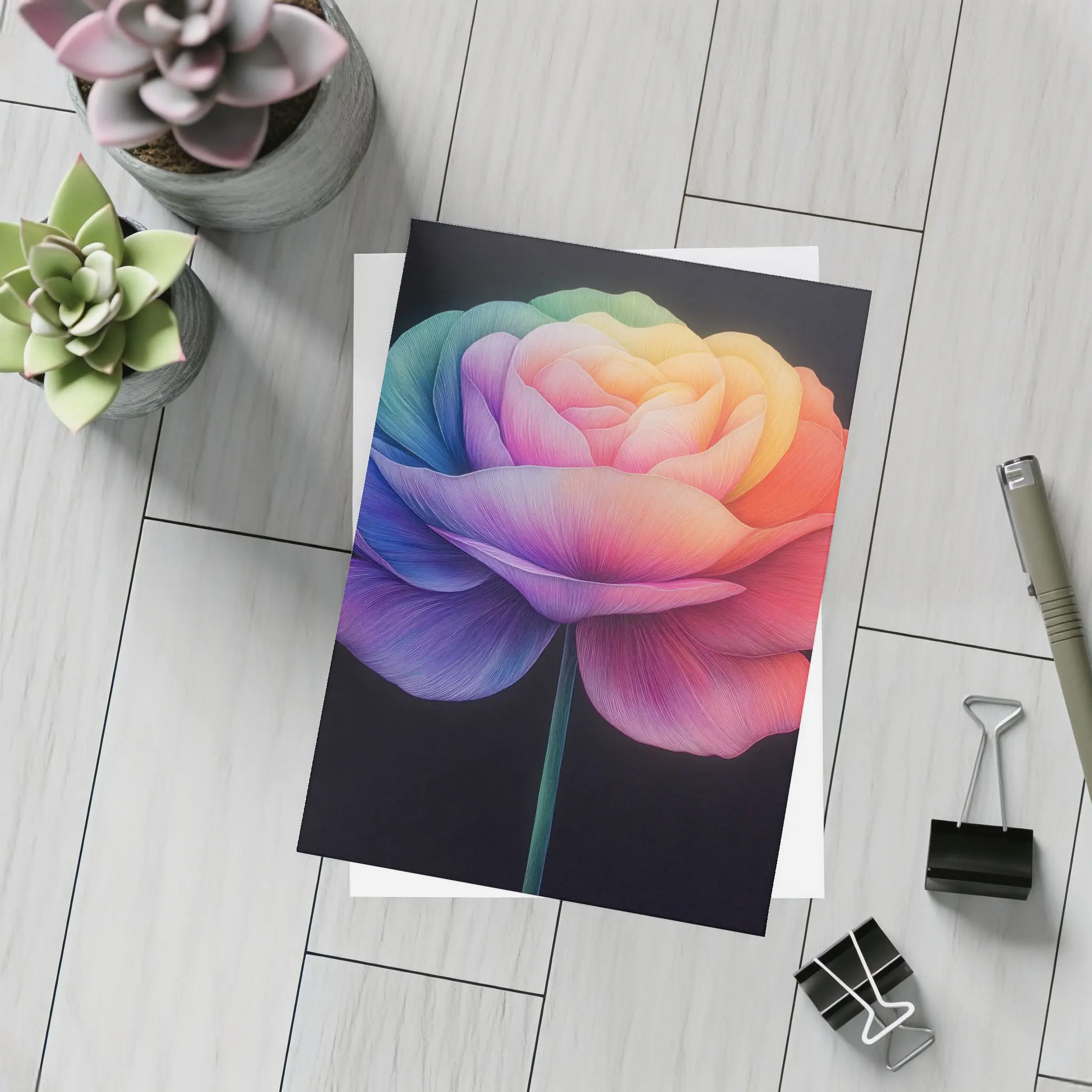 Rainbow Rose Flower Dark Black Background – Postcards