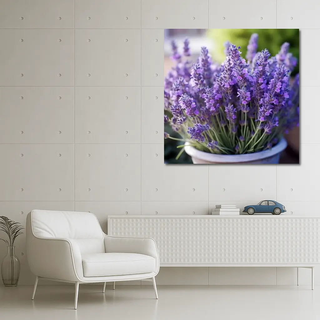Lavender Flowers In White Pot Garden – Wall Art
