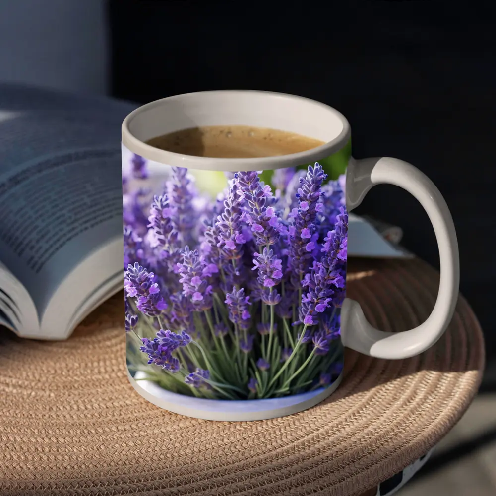 Lavender Flowers In White Pot Garden – Mugs