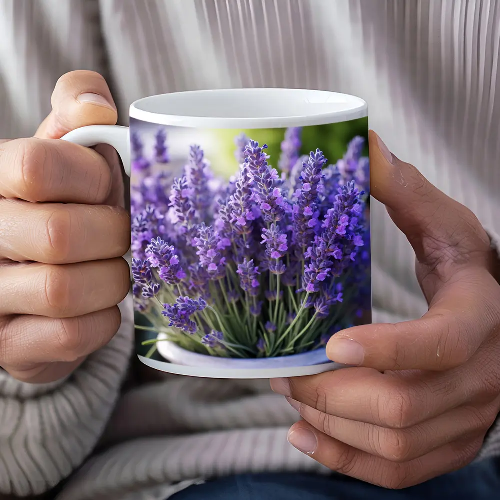 Lavender Flowers In White Pot Garden – Mugs