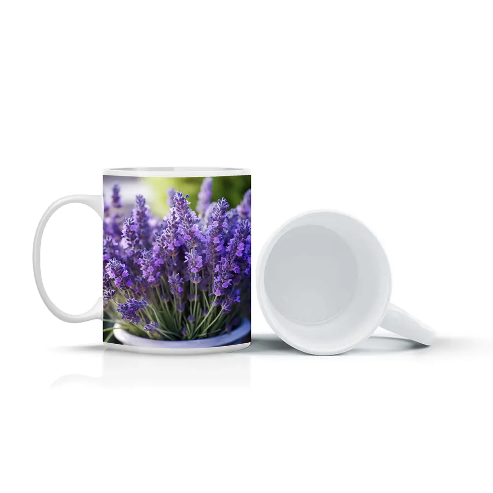 Lavender Flowers In White Pot Garden – Mugs