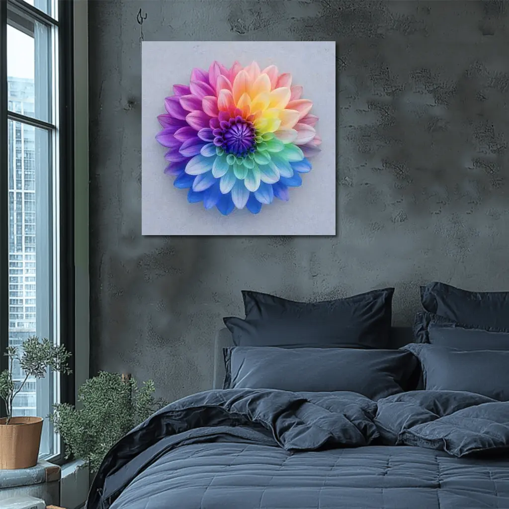Rainbow Dahlia Flower on Light Gray Background – Wall Art