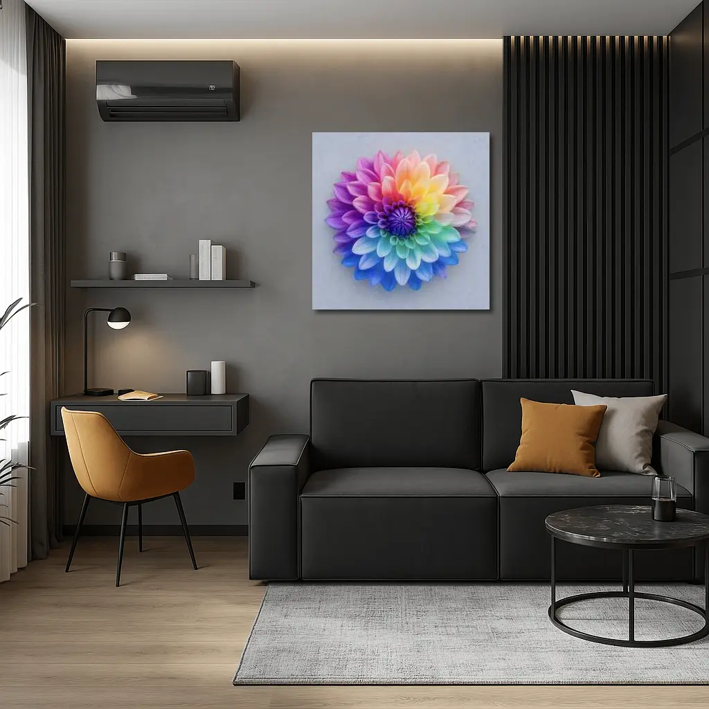 Rainbow Dahlia Flower on Light Gray Background – Wall Art