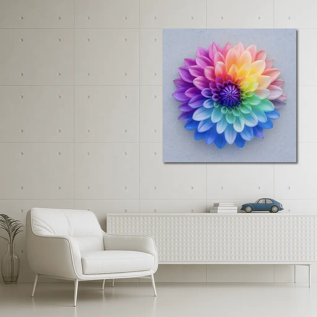 Rainbow Dahlia Flower on Light Gray Background – Wall Art