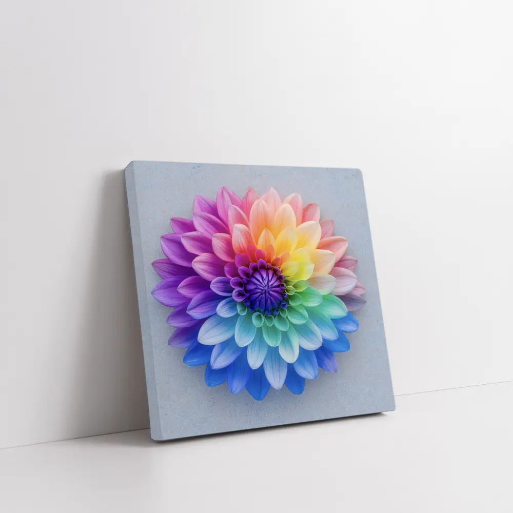 Rainbow Dahlia Flower on Light Gray Background – Wall Art