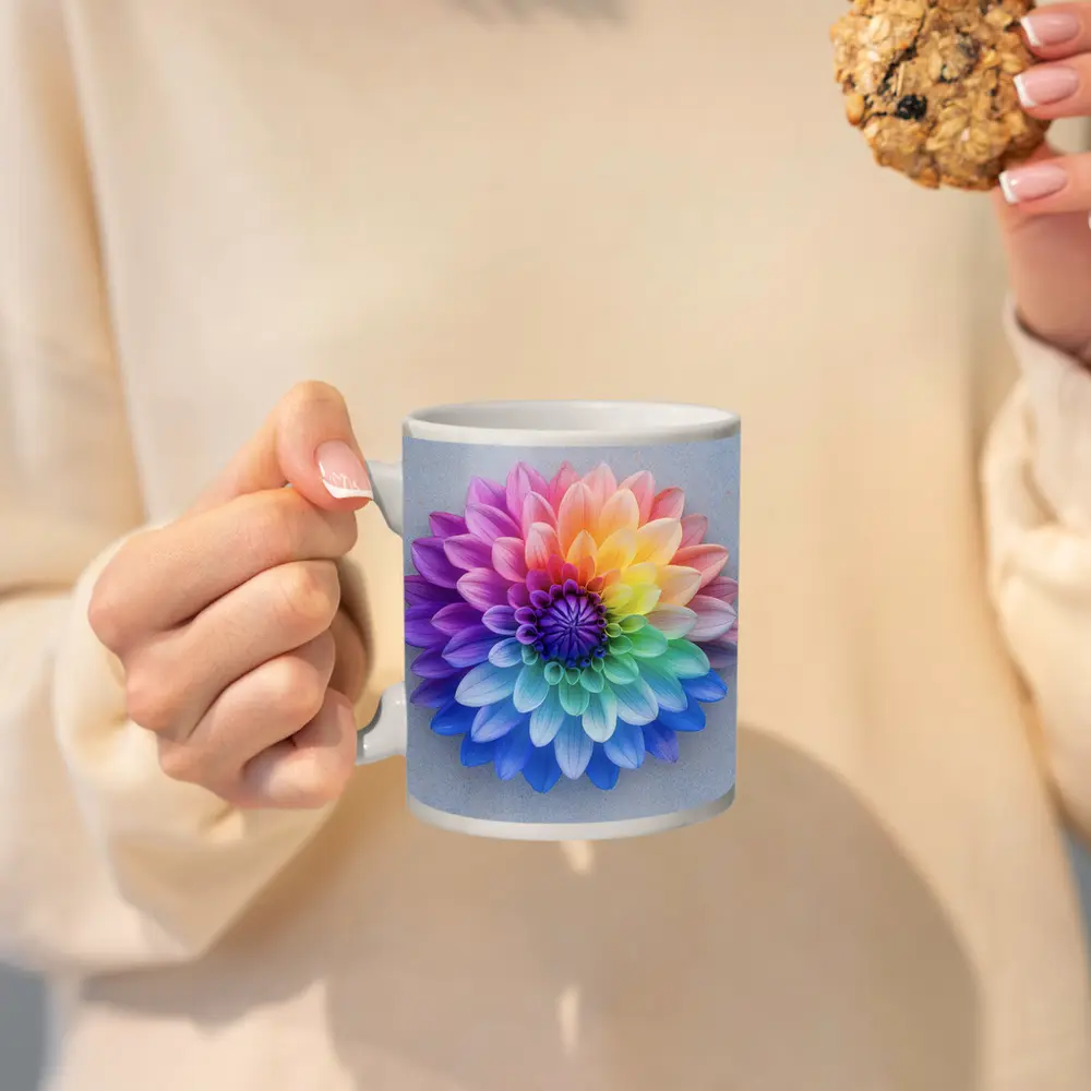 Rainbow Dahlia Flower on Light Gray Background – Mugs