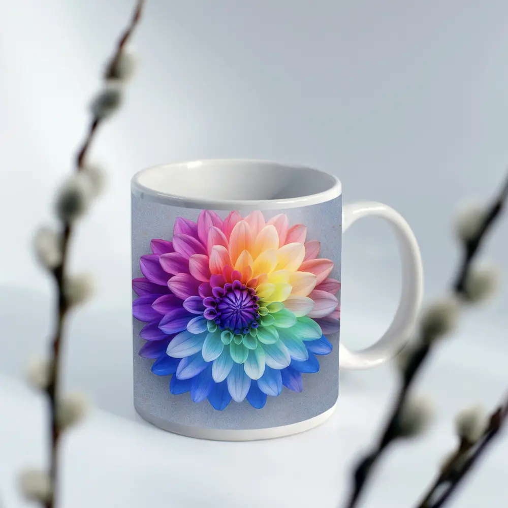 Rainbow Dahlia Flower on Light Gray Background – Mugs