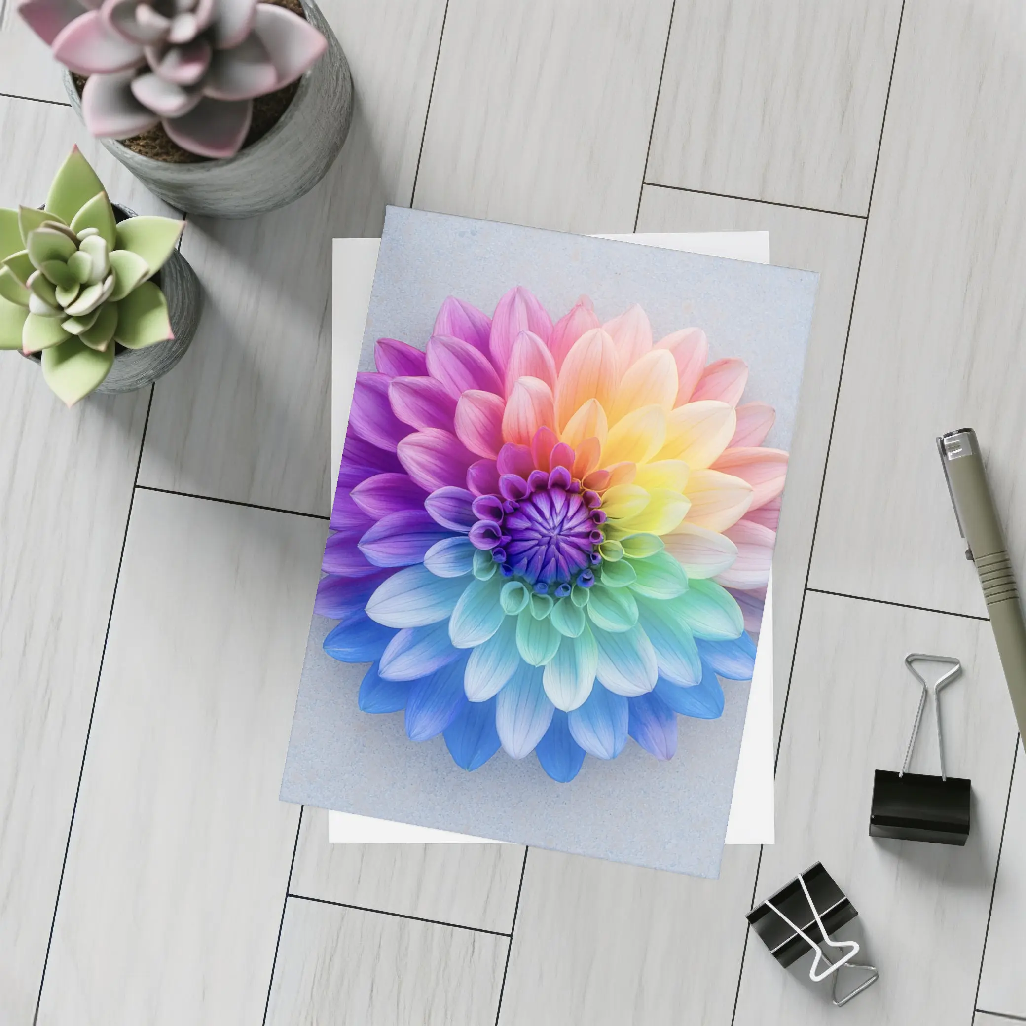 Rainbow Dahlia Flower on Light Gray Background – Postcards