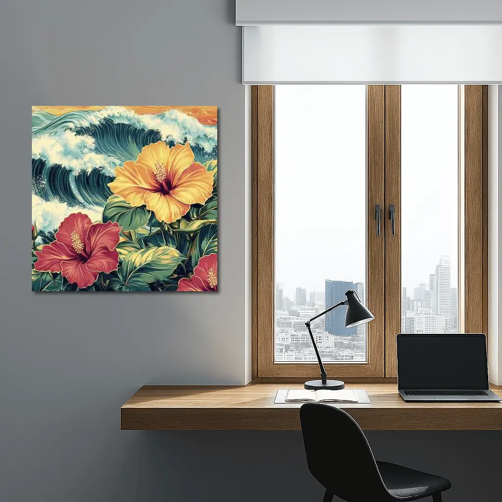 Tropical Hibiscus Flowers Ocean Waves Art – Wall Art