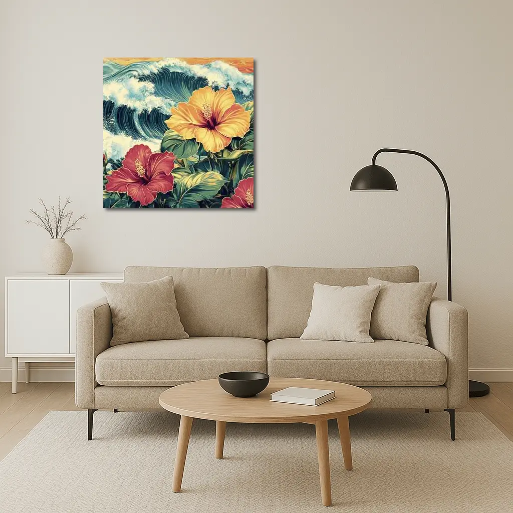 Tropical Hibiscus Flowers Ocean Waves Art – Wall Art