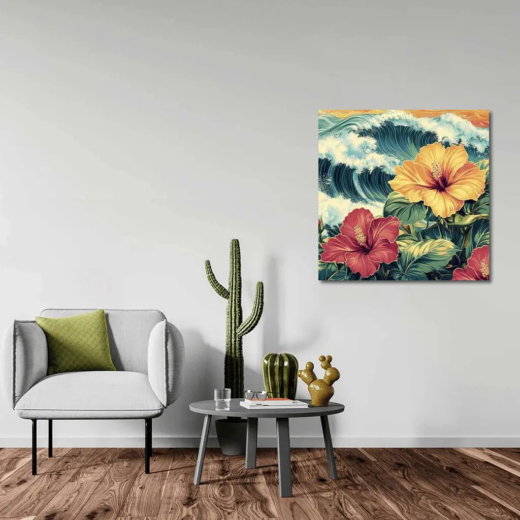 Tropical Hibiscus Flowers Ocean Waves Art – Wall Art