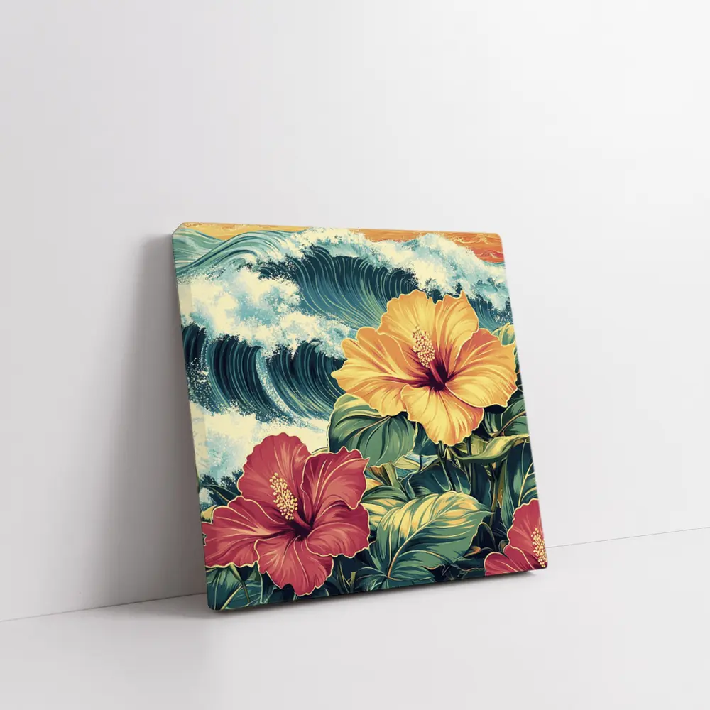 Tropical Hibiscus Flowers Ocean Waves Art – Wall Art