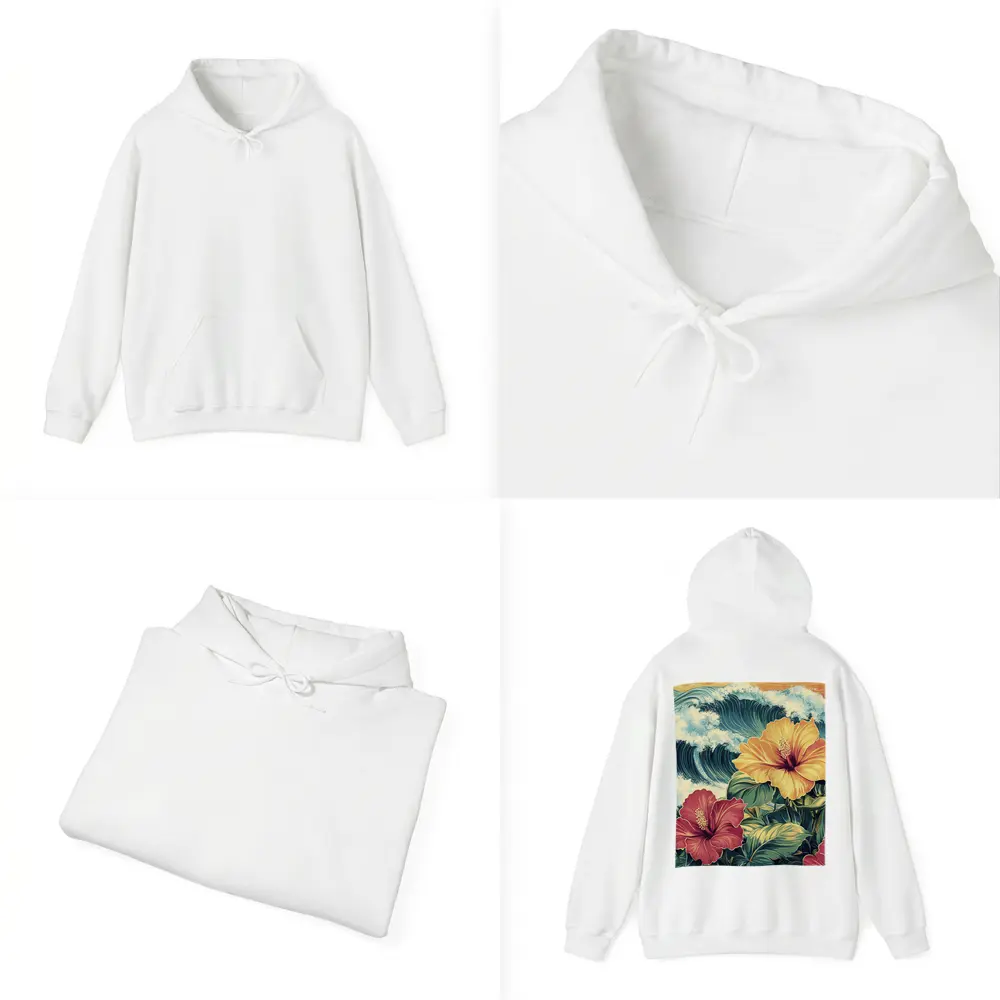 Tropical Hibiscus Flowers Ocean Waves Art – Hoodies