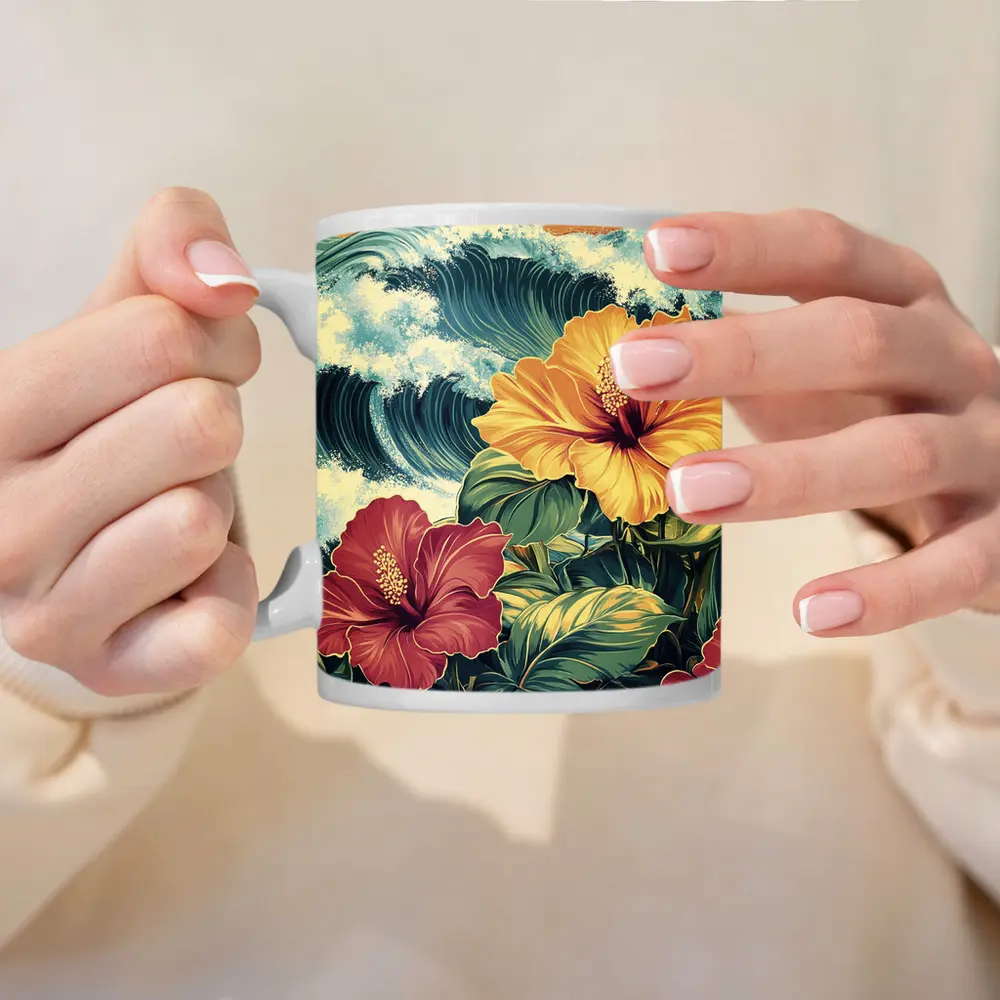 Tropical Hibiscus Flowers Ocean Waves Art – Mugs
