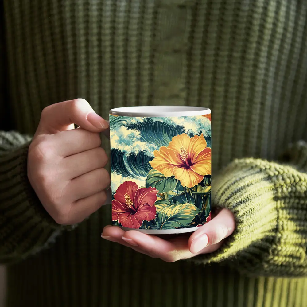Tropical Hibiscus Flowers Ocean Waves Art – Mugs
