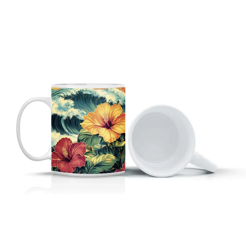 Tropical Hibiscus Flowers Ocean Waves Art – Mugs