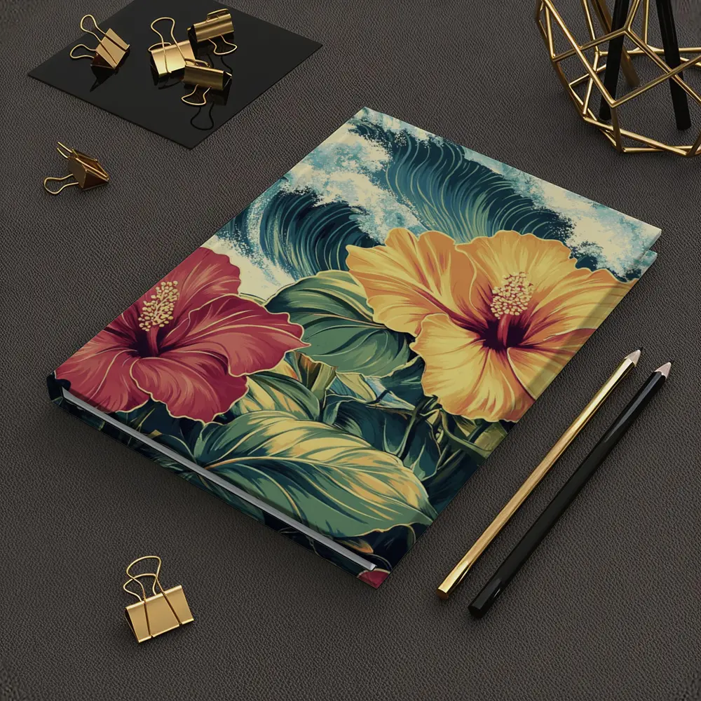 Tropical Hibiscus Flowers Ocean Waves Art – Notebooks