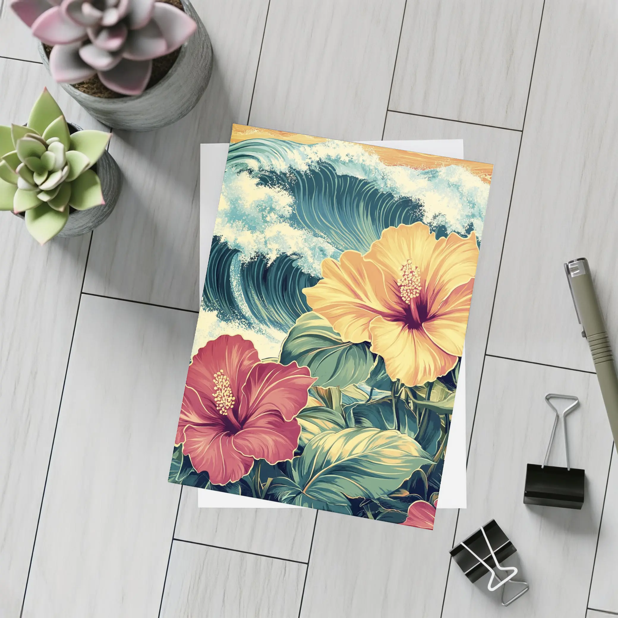 Tropical Hibiscus Flowers Ocean Waves Art – Postcards