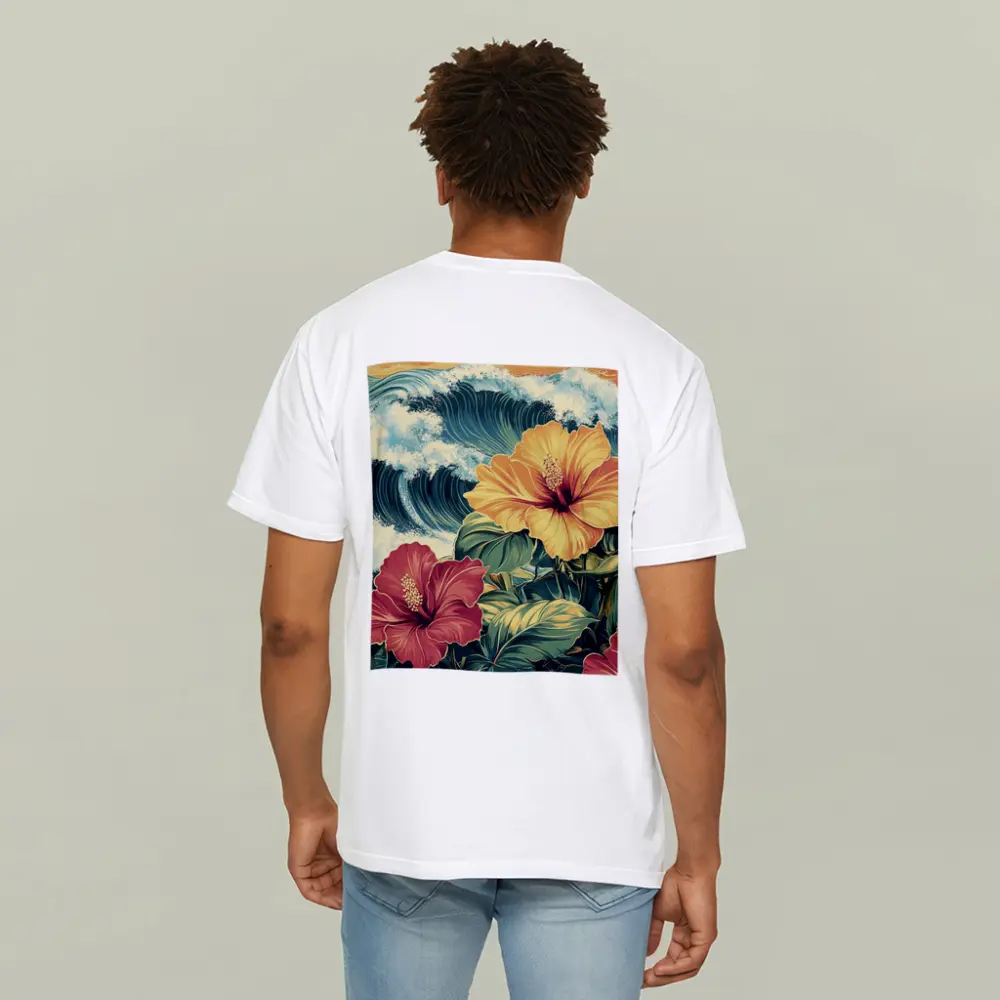 Tropical Hibiscus Flowers Ocean Waves Art – T-Shirts