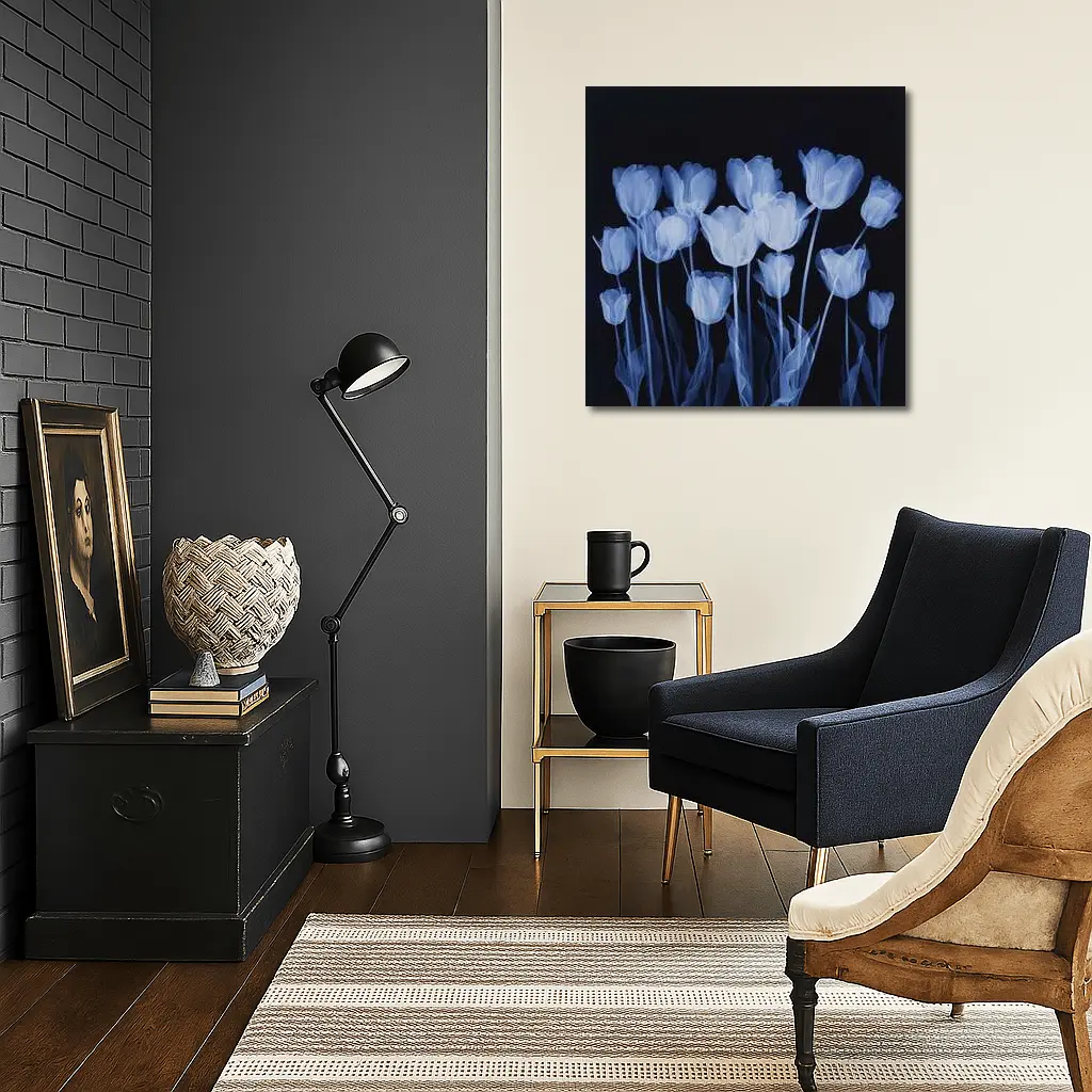 Blue Tulips Glowing On Dark Background – Wall Art
