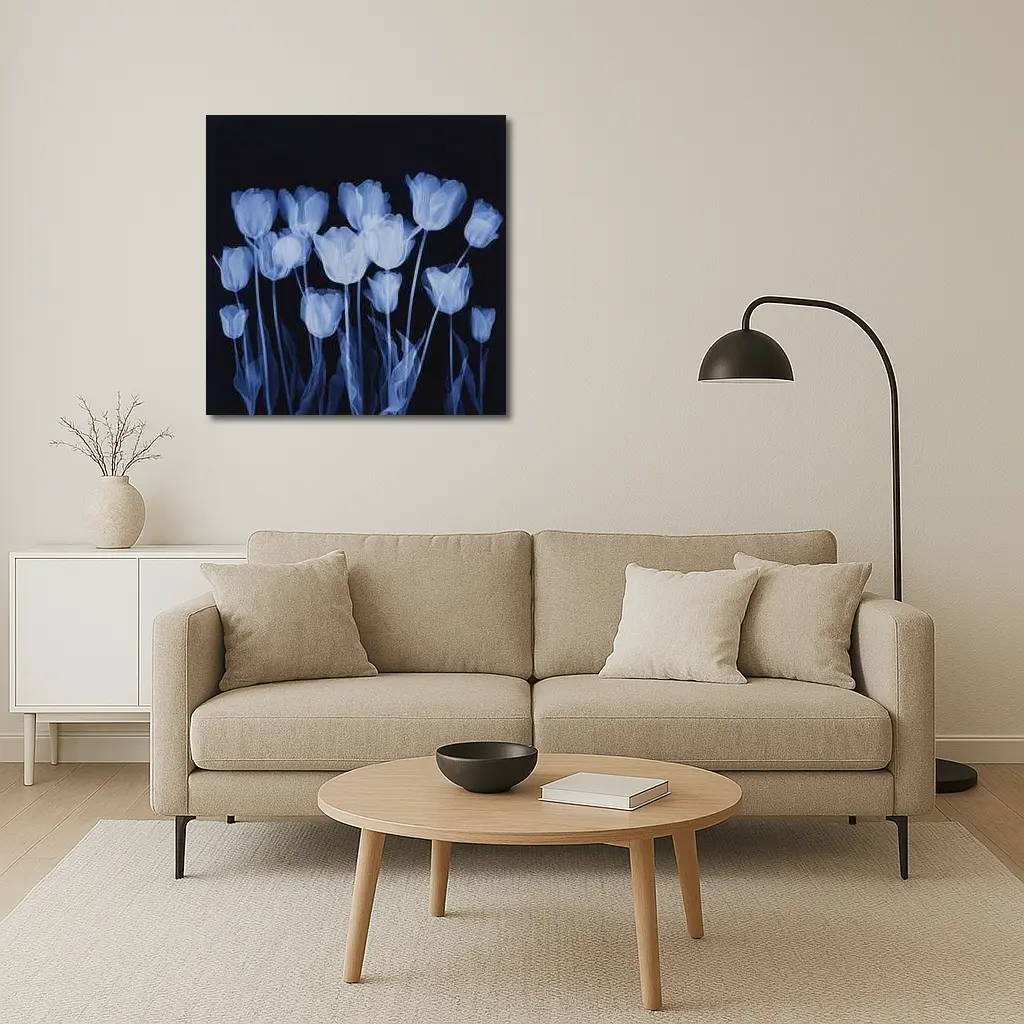 Blue Tulips Glowing On Dark Background – Wall Art