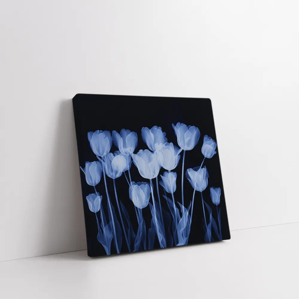 Blue Tulips Glowing On Dark Background – Wall Art