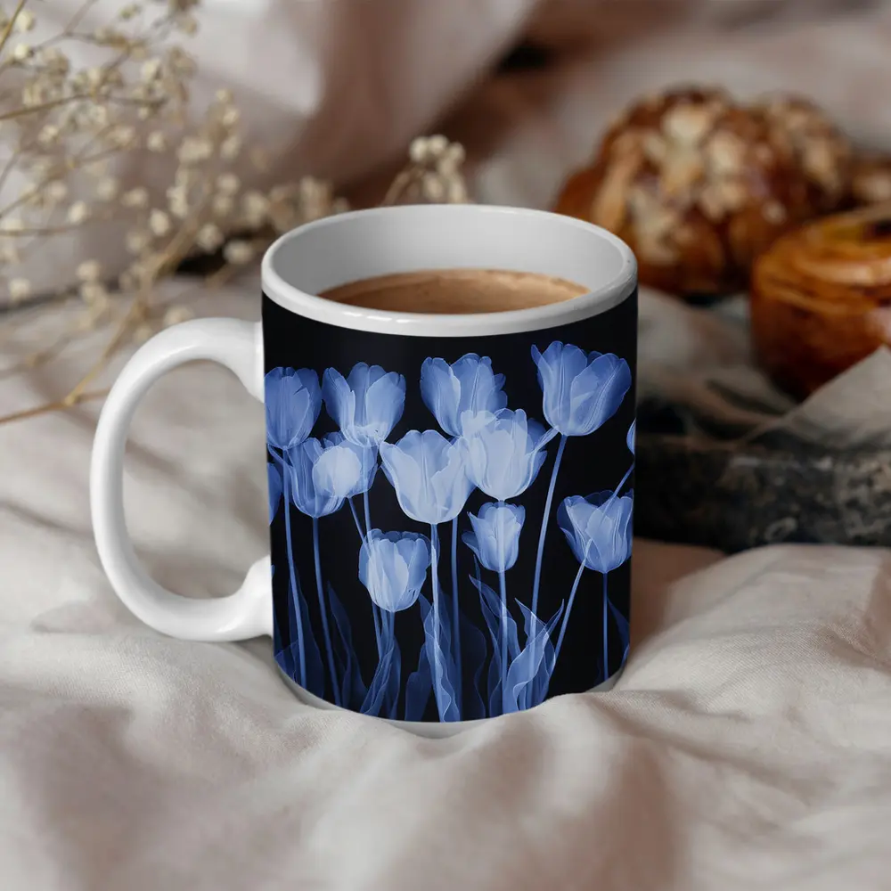Blue Tulips Glowing On Dark Background – Mugs