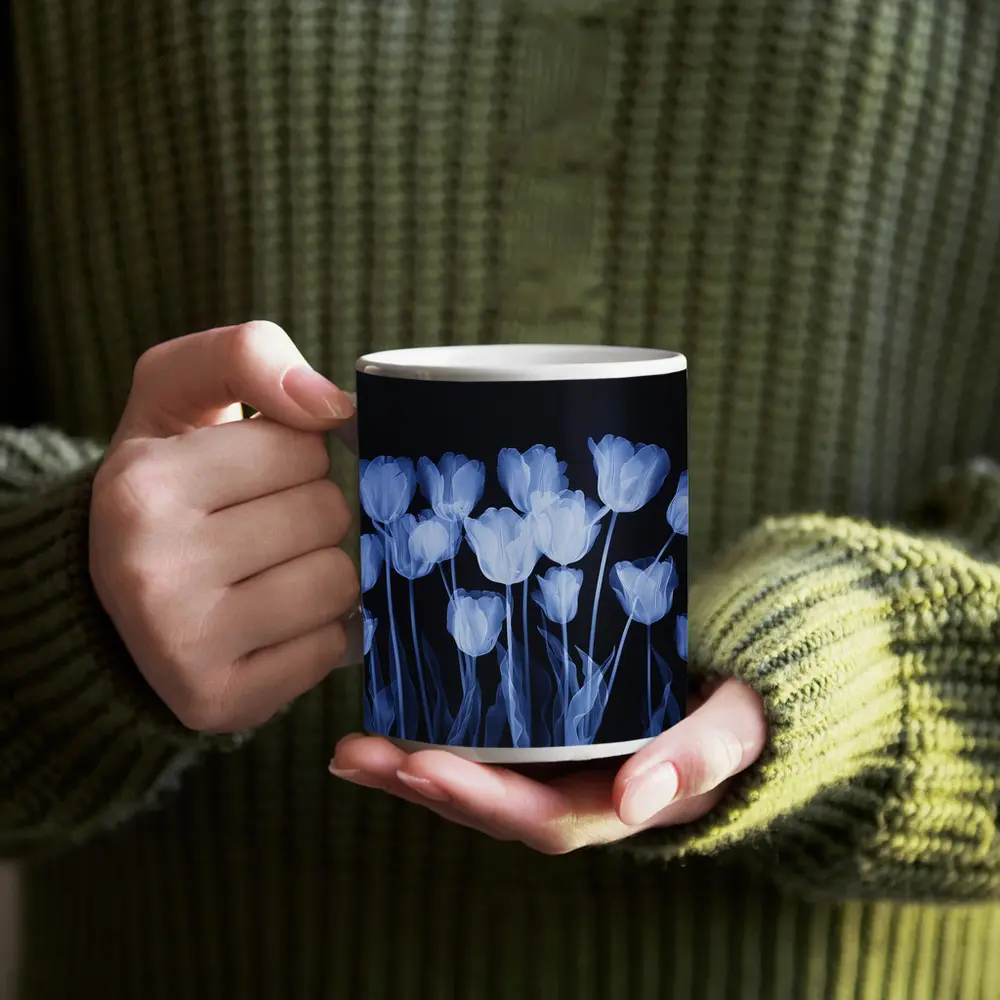 Blue Tulips Glowing On Dark Background – Mugs