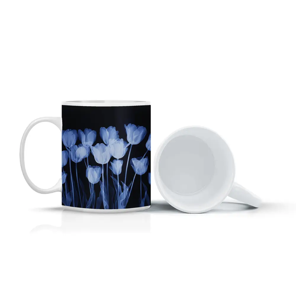 Blue Tulips Glowing On Dark Background – Mugs