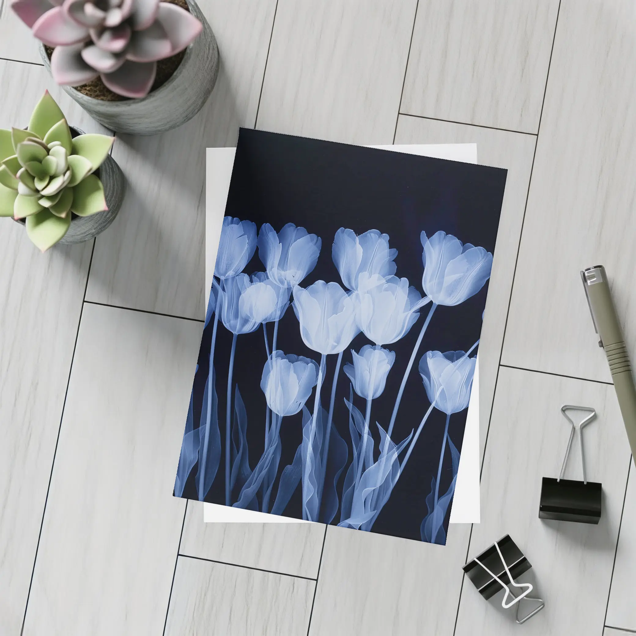 Blue Tulips Glowing On Dark Background – Postcards
