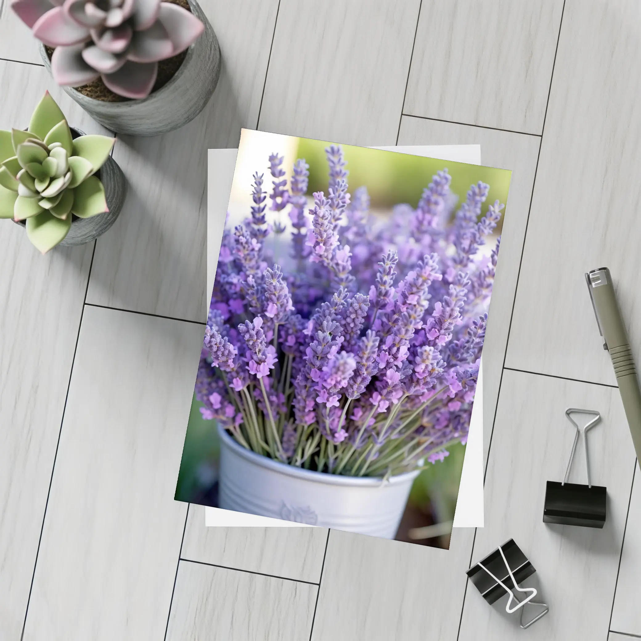 Lavender Bouquet in Silver Bucket Garden – Postcards