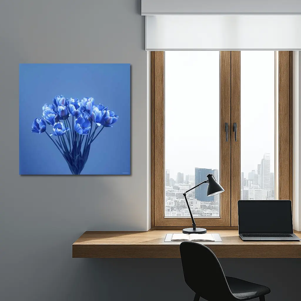 Blue Tulips Bouquet on Blue Background – Wall Art