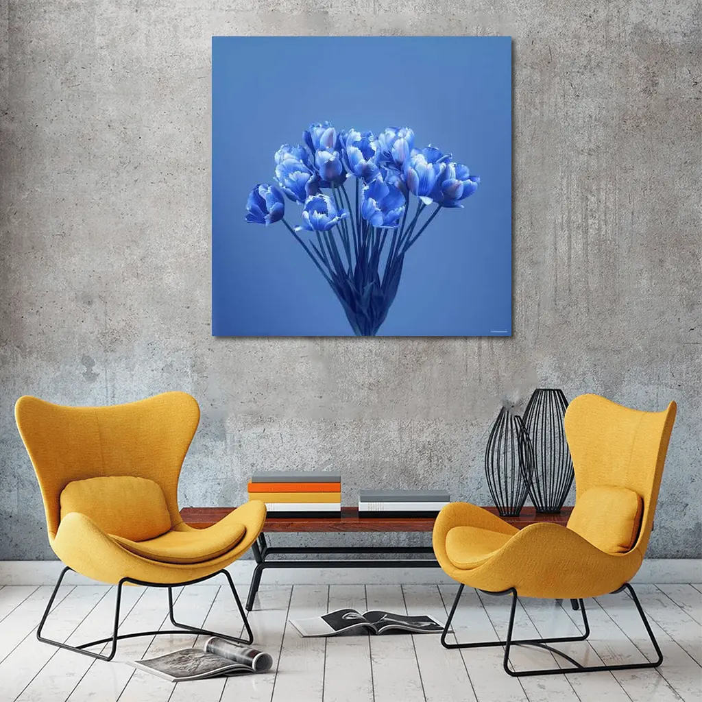 Blue Tulips Bouquet on Blue Background – Wall Art