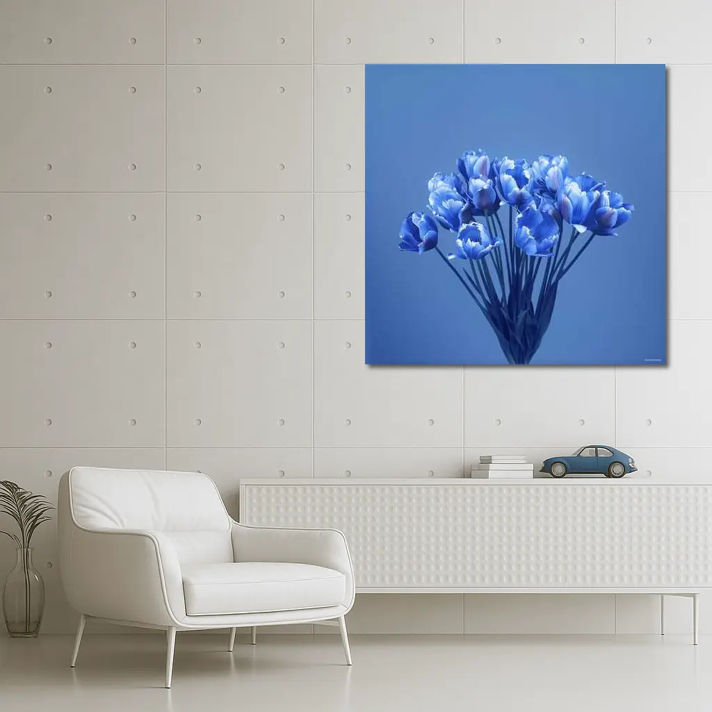 Blue Tulips Bouquet on Blue Background – Wall Art