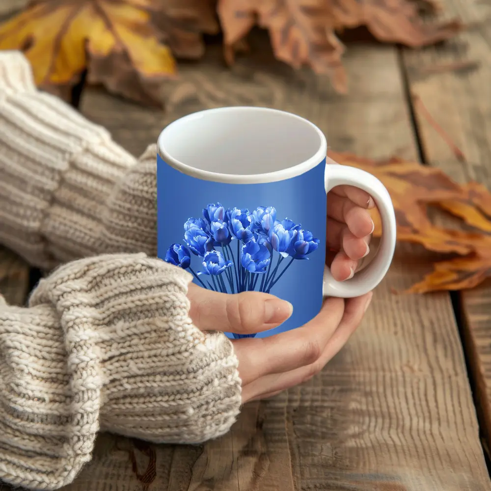 Blue Tulips Bouquet on Blue Background – Mugs