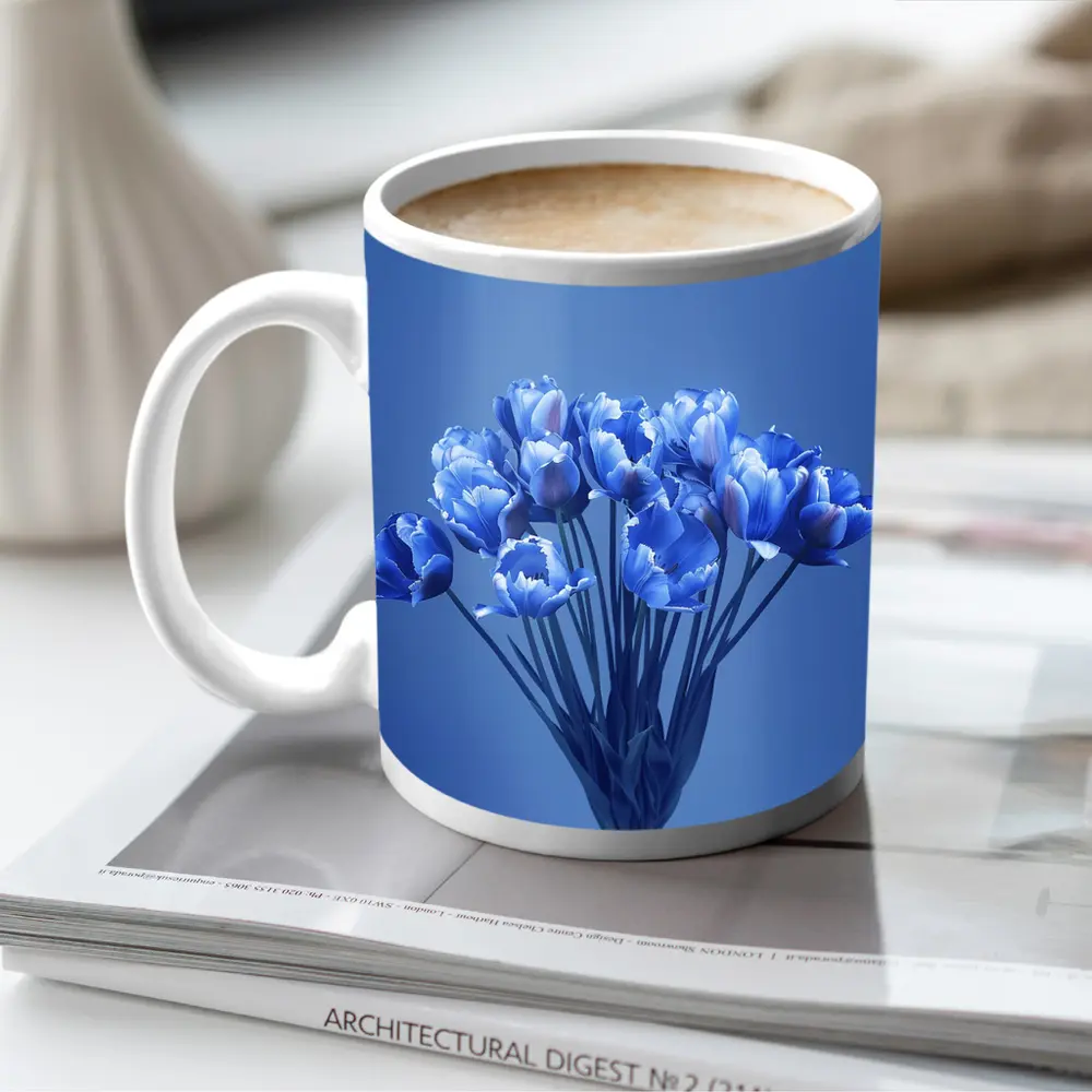 Blue Tulips Bouquet on Blue Background – Mugs